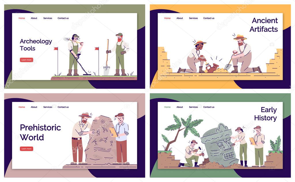 Archeology landing page vector template set. Archeological exped