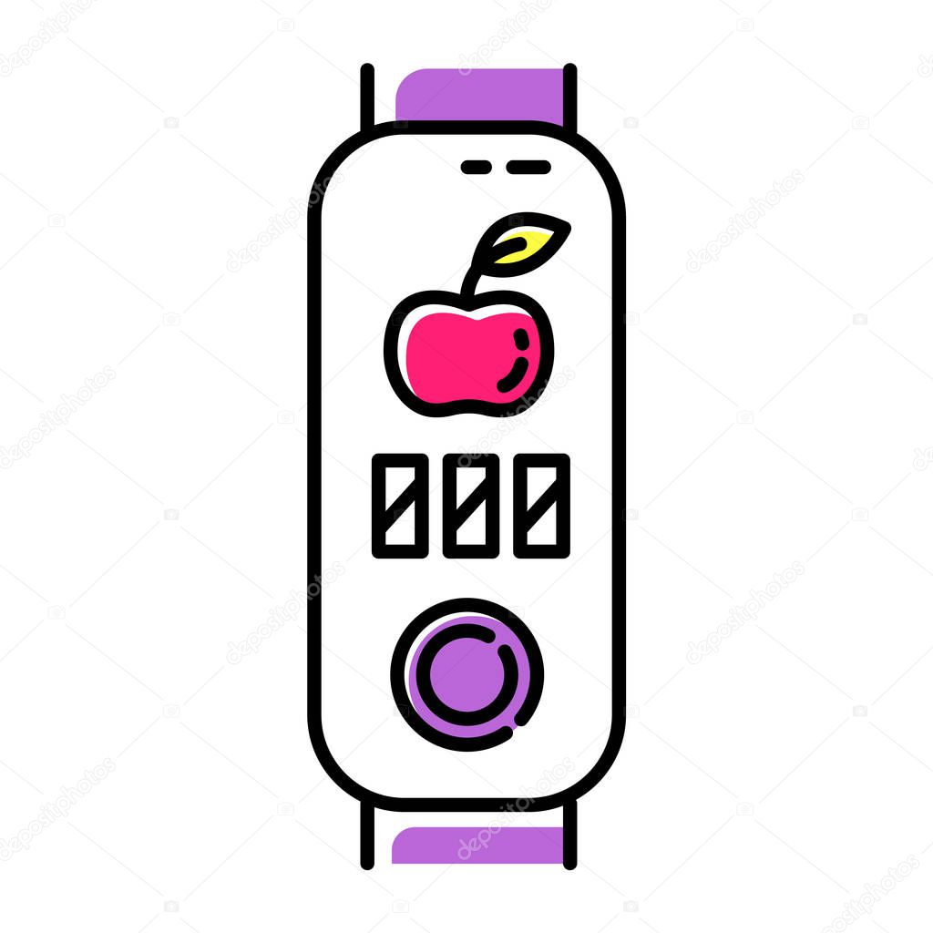 Fitness tracker with calories counter color icon. Wellness device with healthy nutrition habits monitoring. Wireless gadget with food control, meal notification option. Isolated vector illustration