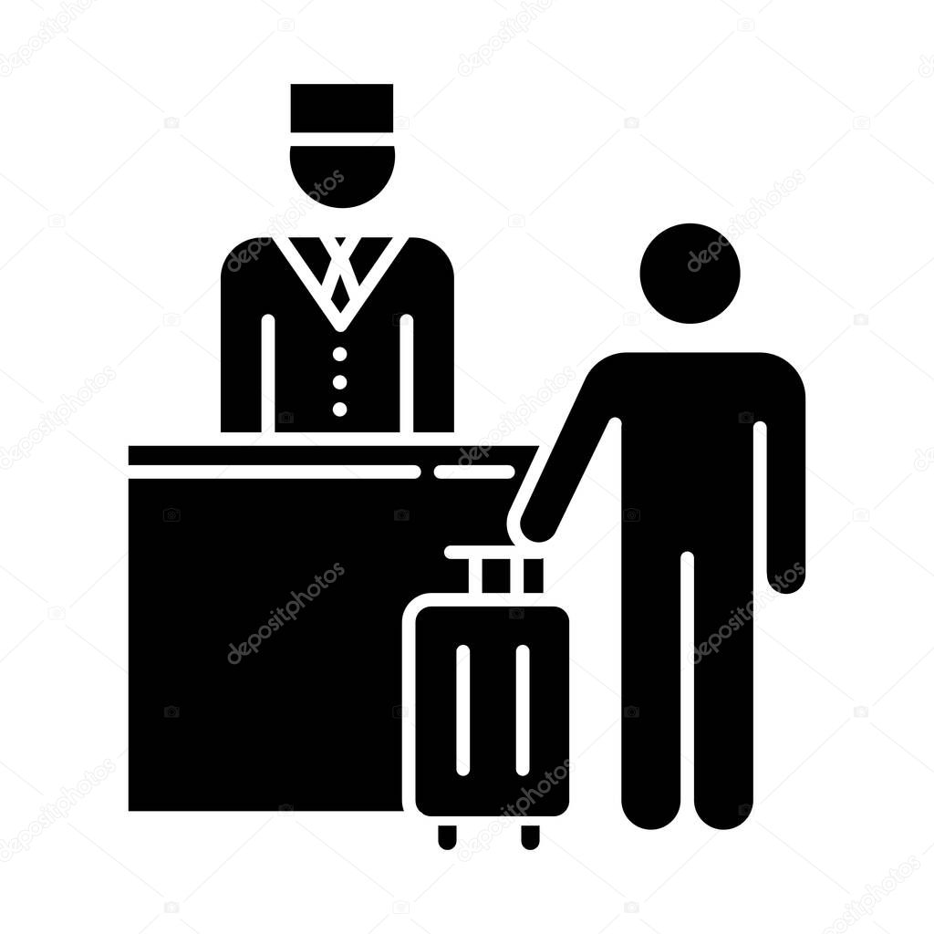 Hospitality industry glyph icon. Touristwith suitcase. Concierge. Hotel management services. Reservation desk. Tourism business. Silhouette symbol. Negative space. Vector isolated illustration