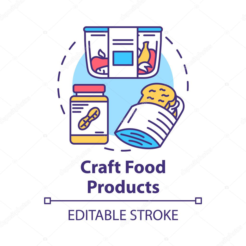 Craft food products concept icon. Crispbread, peanut butter, fru
