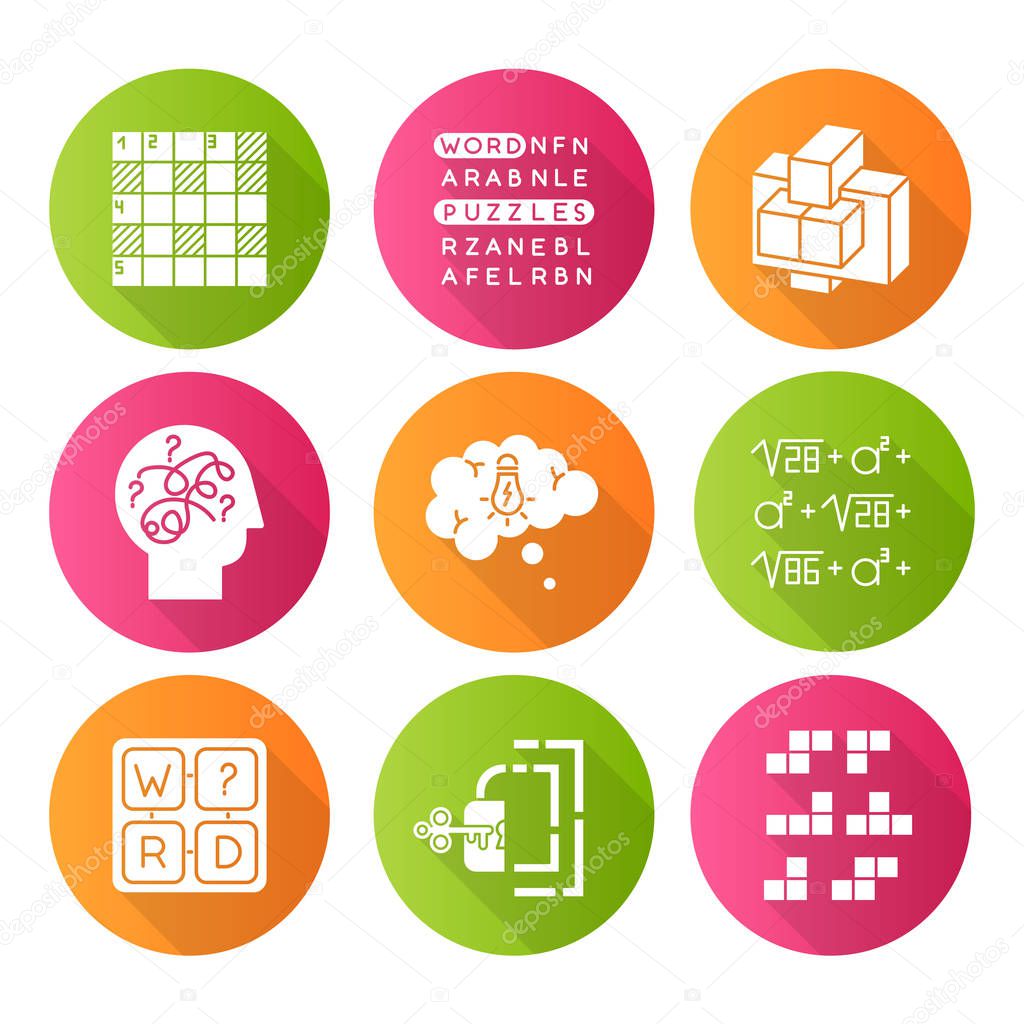 Puzzles and riddles flat design long shadow glyph icons set. Construction, word puzzle. Crossword. Math problem. Puzzled mind. Logic game. Mental exercise. Brain teaser. Vector silhouette illustration