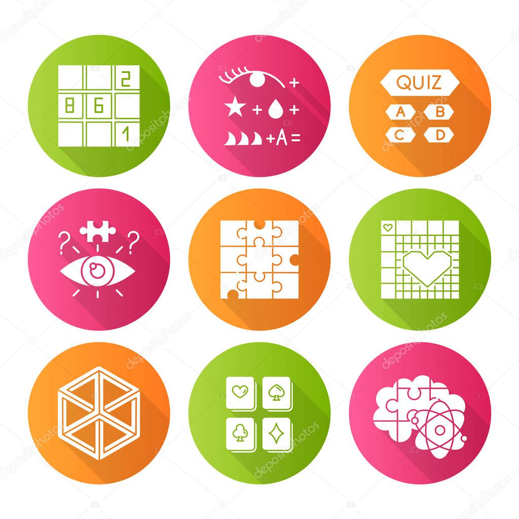 Puzzles and riddles flat design long shadow glyph icons set. Sud