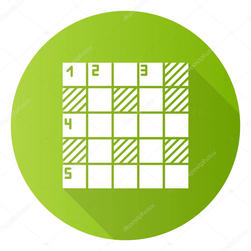 Mathematical puzzle green flat design long shadow glyph icon. Sudoku grid. Number placement. Logic game. Cryptic crosswords. Mental exercise. Brain teaser. Vector silhouette illustration