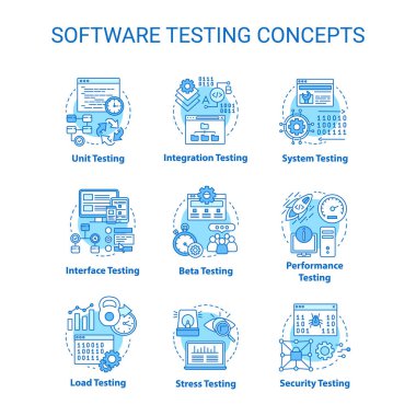 Yazılım testi konsepti turkuaz simgeler ayarlandı. Sistem performansı 