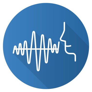 Mavi kıvrımlı ses dalgası düz tasarım uzun gölge sembolü. Sese bak.