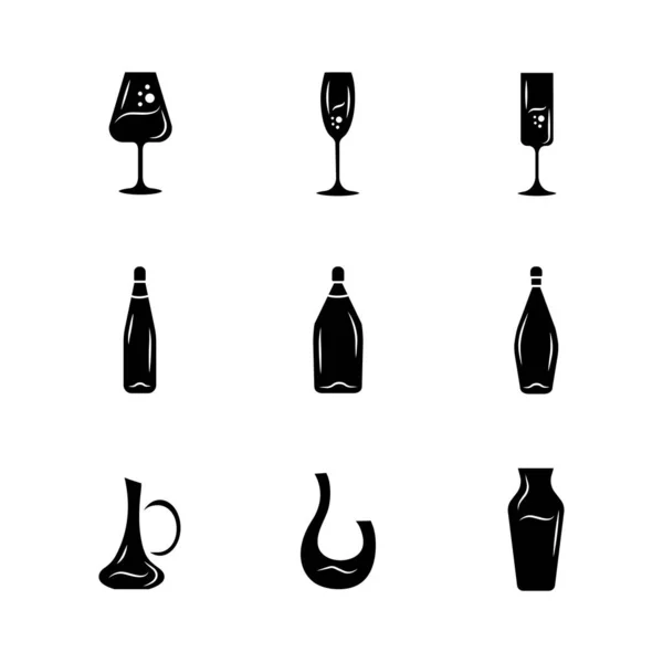 Winery glassware conjunto de ícones glifo. Diferentes tipos de vinho. Decano. — Vetor de Stock