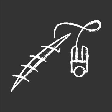 Tebeşir ikonu dikiyorum. Dikiş aleti. Tıbbi cerrahi prosedür. Yara tedavisi. İlk yardım. Yara iyileşiyor. Sağlık hizmetleri. Kesik ve kesiklerle ilgili klinik yardım. İzole edilmiş vektör karatahta çizimi