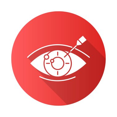 Görüş düzeltme kırmızı düz dizayn uzun gölge simgesi. Tıbbi prosedür. Sağlık hizmetleri. Astigmatizm tedavisi. Oftalmoloji. Lazer ameliyatı. Göz rahatsızlığı tedavisi. Vektör silueti çizimi