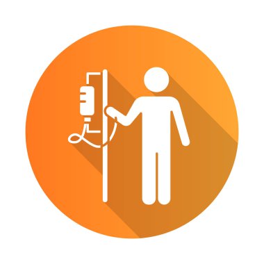 Damlatan turuncu düz dizayn uzun gölge simgesi. Tıbbi prosedür. Sağlık hizmetleri. Damlayan bir hasta. Hastanelik olmak. Enfüzyon. Ameliyat sonrası bakım. İyileşme. Vektör silueti çizimi