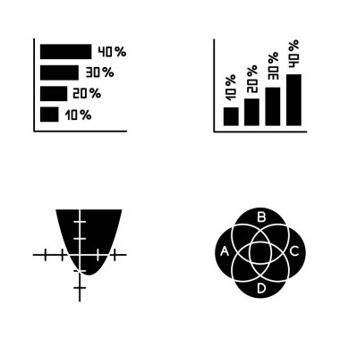 Çizelge ve grafik simgeleri ayarlandı. Yatay ve dikey histogram ve faiz oranları. Fonksiyon eğrisi. Venn diyagramı. Trigonometri. İş için. Siluet sembolleri. Vektör izole illüstrasyonu