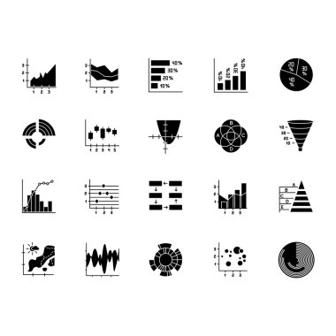 Çizelge ve grafik simgeleri ayarlandı. Turta diyagramı. Histogram. Bölge çizelgesi. Venn diyagramı. Pareto eğrisi. Sıcaklık haritası. Kutup saati. Dağılma grafiği. Siluet sembolleri. Vektör izole illüstrasyonu