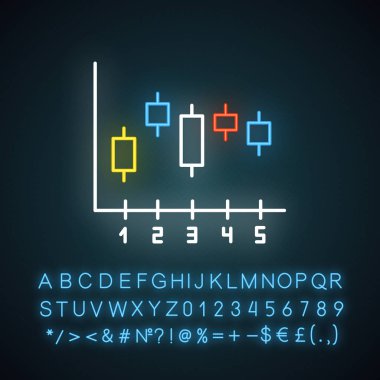 Mum ışığı şeması neon ikonu. Çizim grafiği. İş diyagramı. Veri sunumu ve görselleştirme. Alfabe, sayılar ve sembollerle parlayan işaret. Vektör izole illüstrasyonu