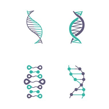DNA strands violet and turquoise color icons set. Deoxyribonucleic, nucleic acid helix. Spiraling strands. Chromosome. Molecular biology. Genetic code. Genome. Genetics. Isolated vector illustrations clipart