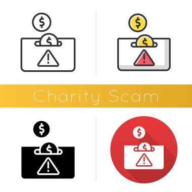 Charity scam icon. Sham charity. Fake donation request. False fundraiser. Money theft. Cybercrime. Fraudulent scheme. Flat design, linear and color styles. Isolated vector illustrations clipart