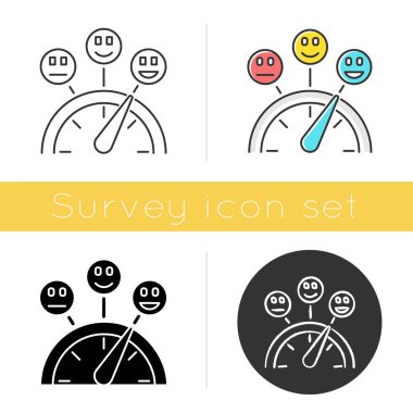 Memnuniyet seviyesi simgesi. İyi, tarafsız ve kötü bir deneyim. Duygu ölçer. Pozitif ve negatif. Duygu simgeleriyle ölçekle. Düz tasarım, doğrusal ve renk tarzları. İzole vektör çizimleri
