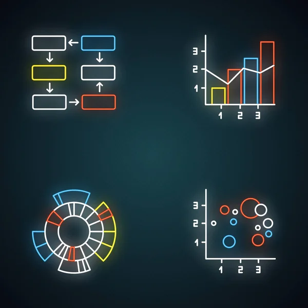 Diagram Och Diagram Neon Ljus Ikoner Som Dataanslutning Och Ledningar — Stock vektor