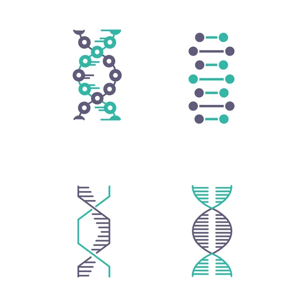 Dna Spiralne Łańcuchy Fioletowe Turkusowe Ikony Kolorów Zestaw Dezoksyrybonukleinowa Spirala — Wektor stockowy