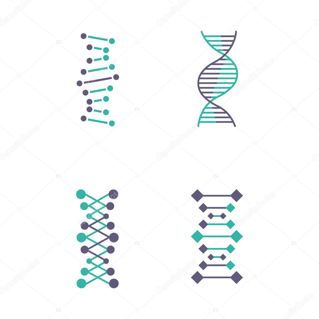DNA chains violet and turquoise color icons set. Deoxyribonucleic, nucleic acid helix. Spiraling strands. Chromosome. Molecular biology. Genetic code. Genome. Genetics. Isolated vector illustrations