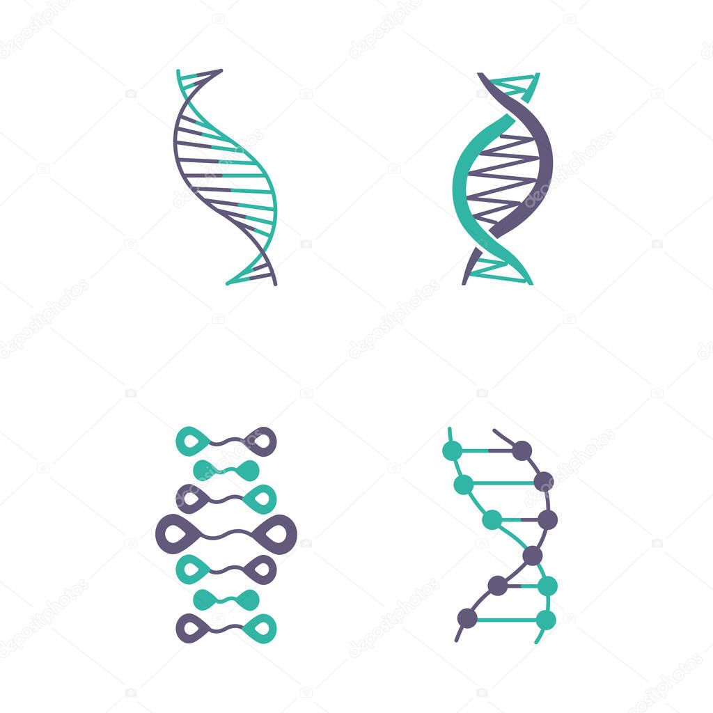 DNA strands violet and turquoise color icons set. Deoxyribonucleic, nucleic acid helix. Spiraling strands. Chromosome. Molecular biology. Genetic code. Genome. Genetics. Isolated vector illustrations