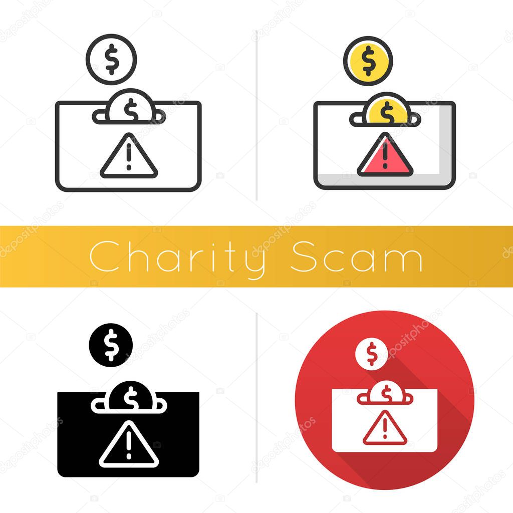 Charity scam icon. Sham charity. Fake donation request. False fundraiser. Money theft. Cybercrime. Fraudulent scheme. Flat design, linear and color styles. Isolated vector illustrations