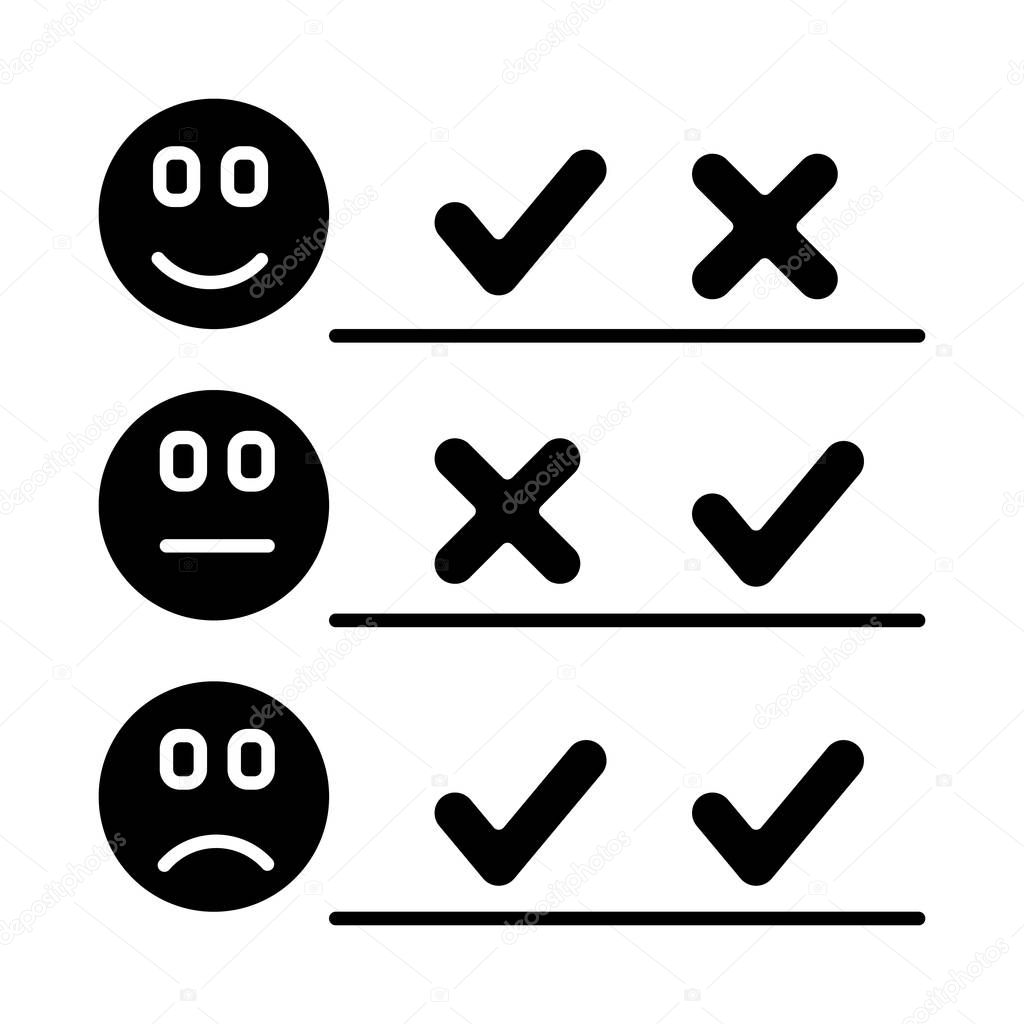 Checklist glyph icon. Choosing option. Good, bad, neutral experience. Voting. Satisfaction level. Positive, negative. Silhouette symbol. Negative space. Vector isolated illustration