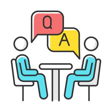 Kişisel görüşme anket renk ikonu. Sorular ve cevaplar anketi. Sosyal araştırma. Tüketici, müşteri memnuniyeti. Geri bildirim. Değerlendirme. Veri toplama. Sosyoloji. İzole vektör illüstrasyonu