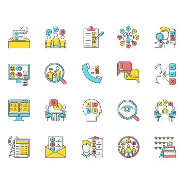 Anket yöntemleri renk simgeleri ayarlandı. Görüşme. İnternette, telefon anketi. Beğeni. Kamuoyu. Müşteri değerlendirmesi. Geri bildirim. Değerlendirme. Veri toplama. Sosyoloji. İzole vektör çizimleri