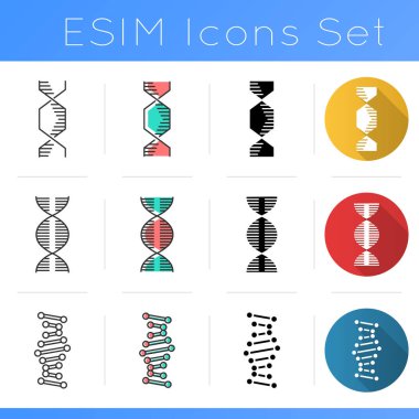 DNA double helix icons set. Deoxyribonucleic, nucleic acid. Spiraling strands. Chromosome. Molecular biology. Genetic code. Flat design, linear, black and color styles. Isolated vector illustrations clipart