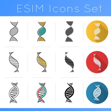 DNA spiral chains icons set. Deoxyribonucleic, nucleic acid helix. Spiraling strand. Chromosome. Molecular biology. Genetics. Flat design, linear, black and color styles. Isolated vector illustrations clipart