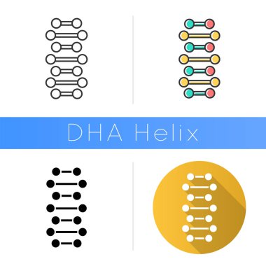 DNA sarmal zincir ikonu. Birleştirilmiş noktalar, çizgiler. Deoksiribonükleik, nükleik asit sarmalı. Kromozom. Moleküler biyoloji. Genetik kod. Düz tasarım, doğrusal ve renk tarzları. İzole vektör çizimleri