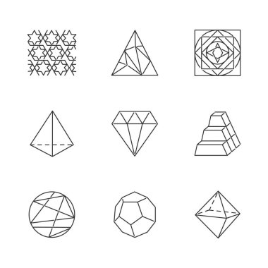 Geometric figures linear icons set. Abstract shapes. Isometric forms. Polygonal triangle. Prism model. Double pyramid. Thin line contour symbols. Isolated vector outline illustrations. Editable stroke