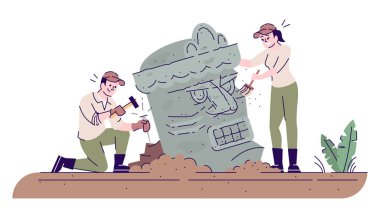 Arkeologlar antik heykel düz vektör illüstrasyonunu araştırıyorlar. Arkeoloji. Kadın ve erkek kayıp medeniyeti inceliyor. Beyaz arka planda ana hatlarıyla izole edilmiş çizgi film karakterleri.