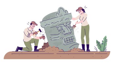 Archaeologists researching ancient sculpture flat vector illustration. Archaeology. Man and woman studying lost civilization isolated cartoon characters with outline elements on white background clipart