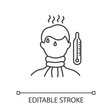 Yüksek sıcaklık doğrusal simgesi. Ateş belirtileri. Hastalık, hastalık. Adam hasta. Sağlık hizmetleri. Hasta herif. Grippe. İnce çizgili çizim. Contour sembolü. Vektör izole çizim. Düzenlenebilir vuruş