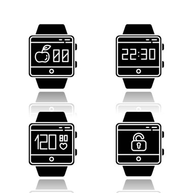 Fitness takip fonksiyonları gölge siyah simge simgeleri ayarlandı. Kalori sayacı, güncel saat, kan basıncı ve kalp atış hızı izleme, kilidi açma. İzole vektör çizimleri