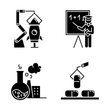 Endüstri tipi kabartma simgeleri ayarlandı. Mallar, hizmet üretimi. Ekonominin havacılık, eğitim, kimyasal ve ilaç sektörleri. Araştırma ve bilim. Siluet sembolleri. Vektör izole illüstrasyonu