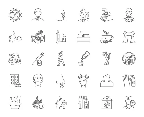 Common Cold Linear Icons Set Influenza Treatment Disease Cure Illness — ストックベクタ