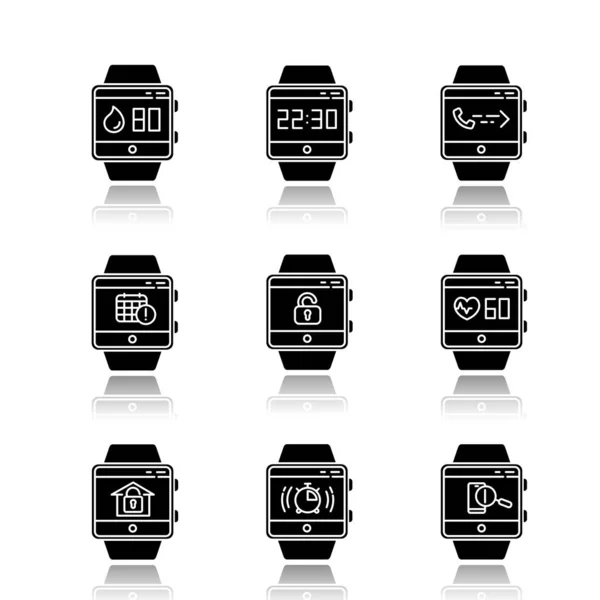 Fitness Tracker Functions Drop Shadow Black Glyph Icons Set Smartwatch — Stock Vector