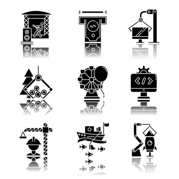 Industry Types Drop Shadow Black Glyph Icons Set Music Financial — Stock Vector
