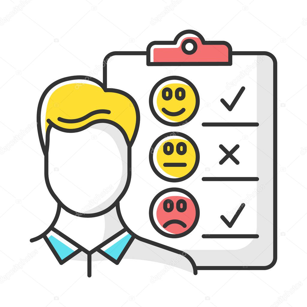 Personal interview color icon. Survey questionnaire form. Customer service rating, review. Feedback. Employee satisfaction. Emotional opinion. Data collection. Isolated vector illustration