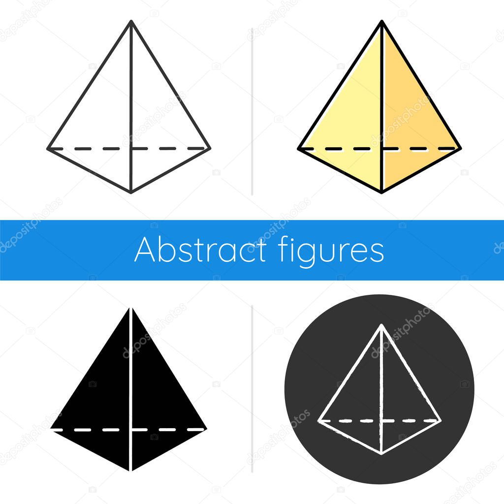 Prism icon. Geometric dimensional figure. Triangular pyramid. Geometry model. Decorative element. Abstract shape. Isometric form. Flat design, linear and color styles. Isolated vector illustrations
