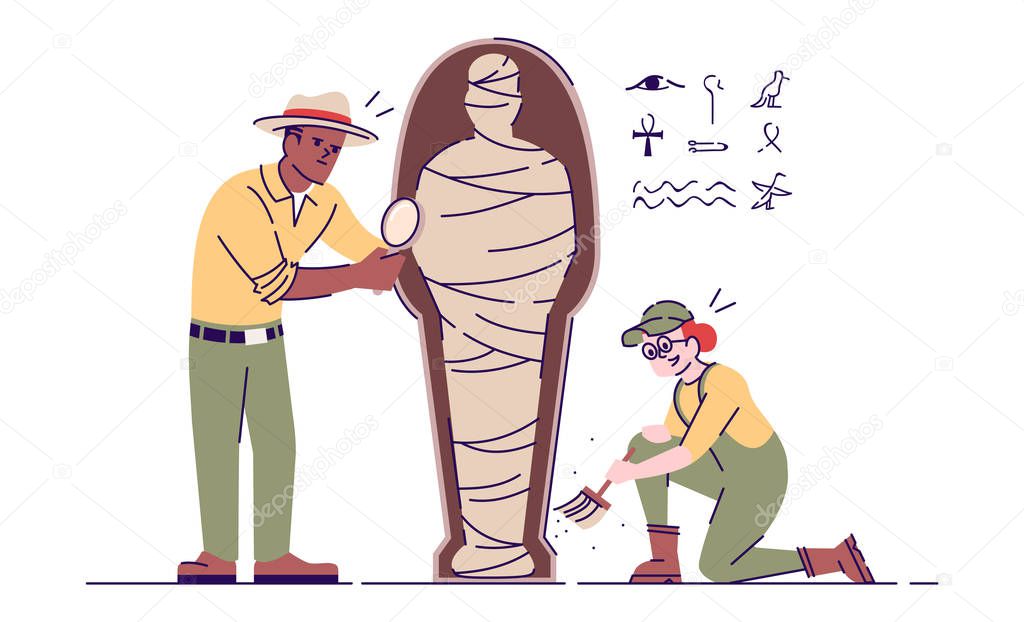 Archaeologists exploring mummy flat vector illustration. Archeological expedition. Man and woman researching egyptian artifact isolated cartoon characters with outline elements on white background