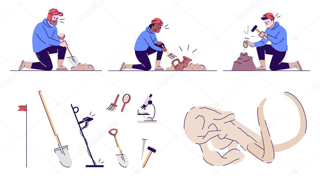 Archeology flat vector illustrations set. Archeological excavations. Equipment, historical artifacts, men, woman at work isolated cartoon characters with outline elements on white background