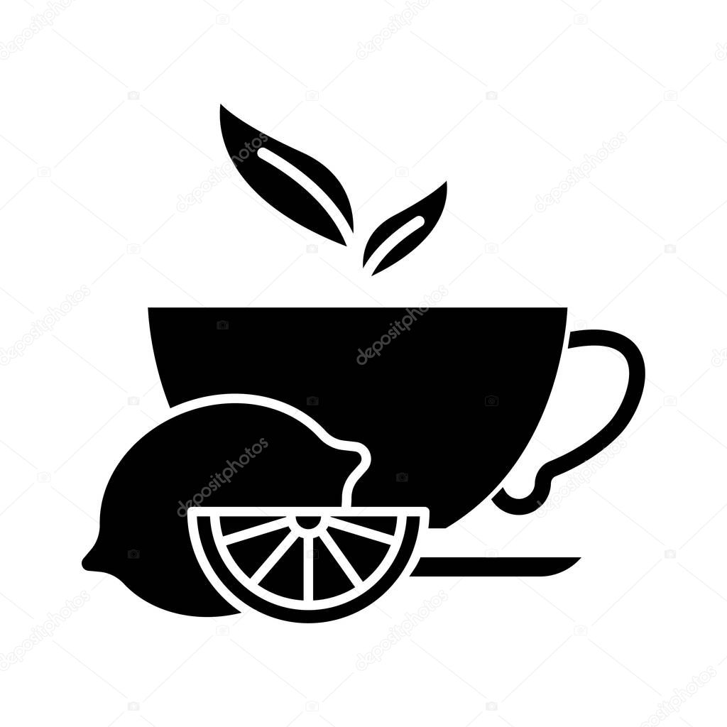 Lemon tea glyph icon. Common cold aid. Healthcare. Aromatic teacup. Hot drink in cup. Antioxidant with vitamin C. Beverage to relax. Silhouette symbol. Negative space. Vector isolated illustration