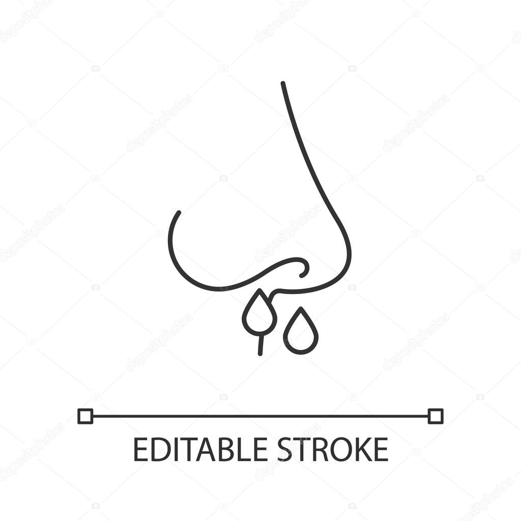 Drip nose linear icon. Common cold. Grippe symptome. Flu infection, influenza. Runny nose, snot. Nasal illness. Thin line illustration. Contour symbol. Vector isolated outline drawing. Editable stroke