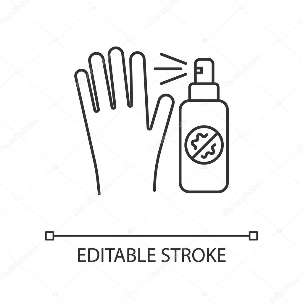 Antiseptic linear icon. Sanitary, disinfection. Cleansing hand. Antibacterial sprayer. Common cold precaution. Thin line illustration. Contour symbol. Vector isolated outline drawing. Editable stroke