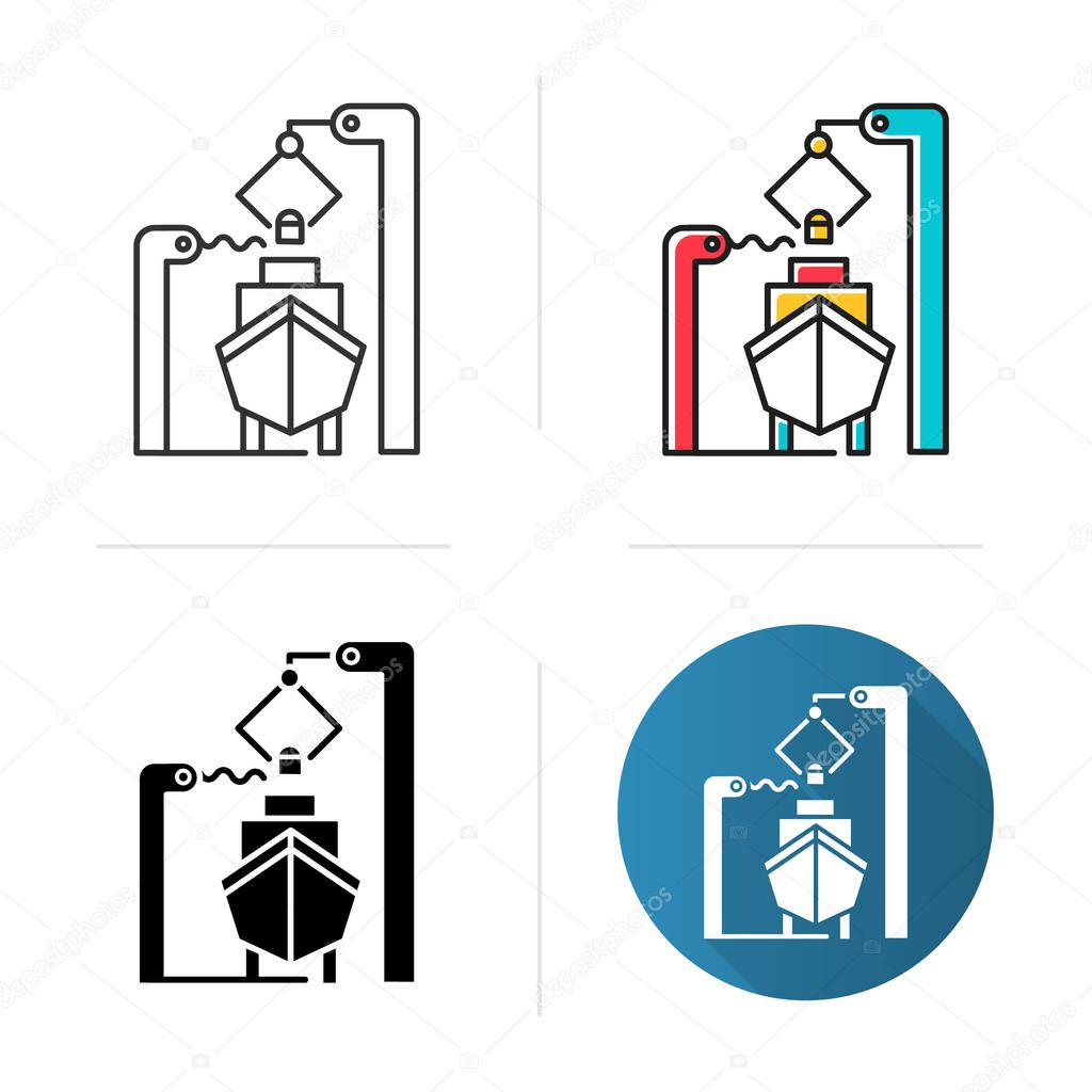 Shipbuilding industry icon. Boat mechanical maintenance. Ship fixing and repairing. Nautical vehicle technical construction. Flat design, linear and color styles. Isolated vector illustrations