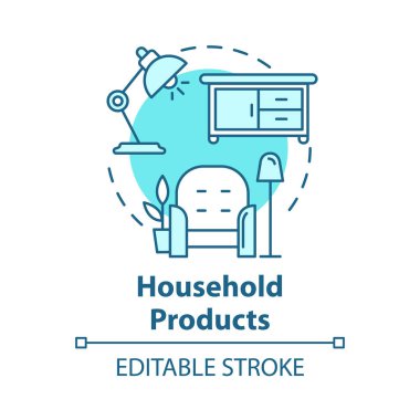 Ev ürünleri konsepti ikonu. Ev aletleri ve mobilyalar. Evcil eşyalar. Konforlu mesken. Rahat oturma odası fikri ince çizgi çizimi. Vektör izole çizim. Düzenlenebilir vuruş