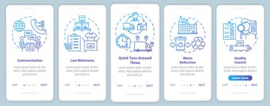Yerel üretimin avantajları mobil uygulama sayfa ekran şablonu üzerinde. İletişim. Doğrusal çizimler içeren web sitesi adımları. Ux, Ui, Gui akıllı telefon arayüzü kavramı