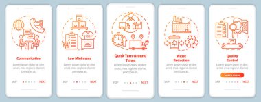 Yerel üretimin avantajları mobil uygulama sayfa ekran şablonu üzerinde. Doğrusal çizimler içeren web sitesi adımları. İletişim. Ux, Ui, Gui akıllı telefon arayüzü kavramı